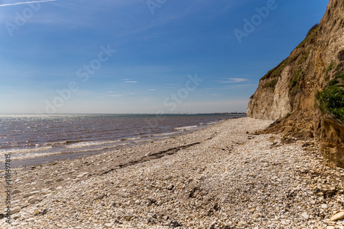 North sea coast with the pebble beach and cliffs of Danes Dyke near Bridlington  East Riding of Yorkshire  UK