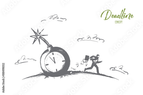 Deadline concept. Hand drawn businessman do urgent job in stress. Person running fast to do work in time isolated vector illustration.