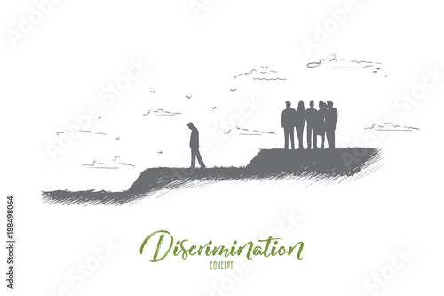 Discrimination concept. Hand drawn crowd of people expels one man from their community. Gossip people against one person isolated vector illustration.