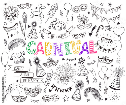 Hand drawn carnival objects set isolated on white background. Masqeurade design elements collection in line art style. Doodle carnival masks, feathers, firecrackers. Mardi grass traditional symbols.
