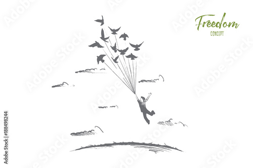 Freedom concept. Hand drawn person flying with birds. Emotion of freedom and happiness isolated vector illustration.