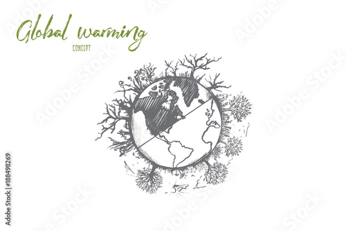 Global warming concept. Hand drawn effect of arid land with tree changing environment. Dead trees as result of climate change isolated vector illustration.