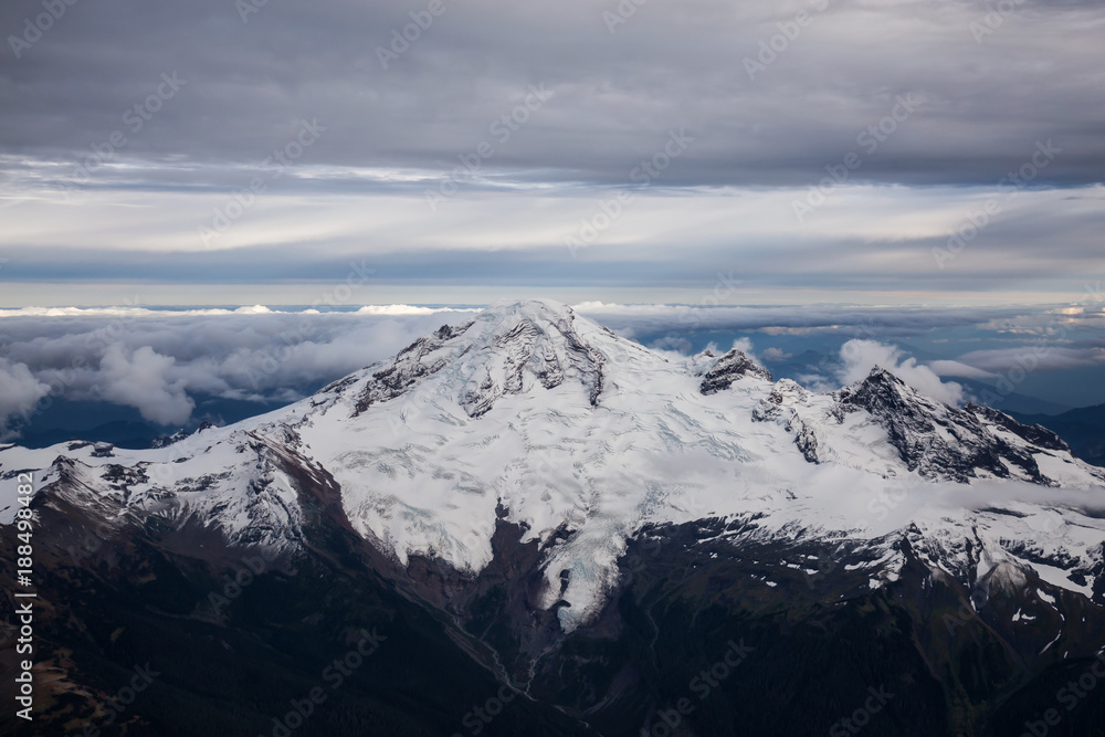 Aerial view of the famous volcano, Mount Baker, that can be seen from Vancouver and Seattle. Located in Washington State.