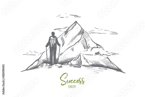 Success concept. Hand drawn person on top of mountain as symbol of success. Man with backpack trekking isolated vector illustration.