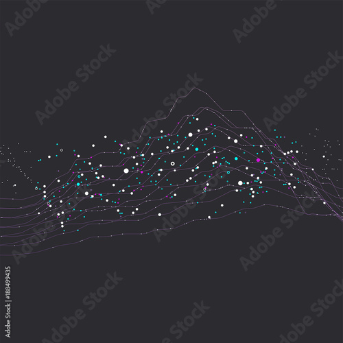 Big data stream futuristic infographic. Quantum computing, cryptography, trendy technologies infographic. Colorful particle wave. Bigdata visualization. Abstract visual data vector design.