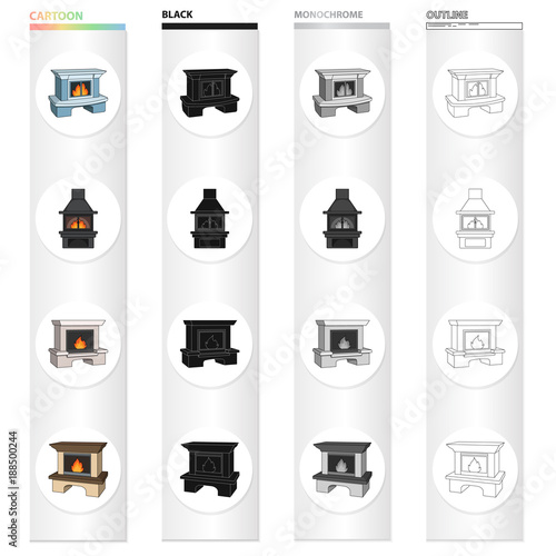 Fireplace, fire, warmth and comfort. Different kinds of fireplace set collection icons in cartoon black monochrome outline style vector symbol stock Isometric illustration web.
