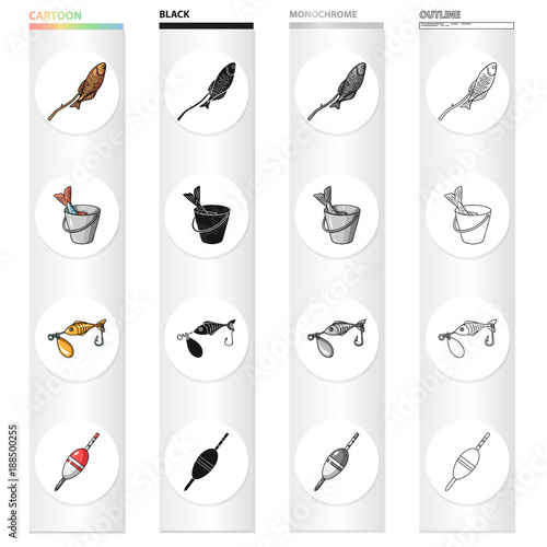 Fish on skewers, catch in a bucket, bait fishing lure, float. Fishing set collection icons in cartoon black monochrome outline style vector symbol stock illustration web.
