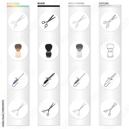 Scissors hairdresser, shaving brush, curling iron, scissors for fine haircuts. Hairdresser set collection icons in cartoon black monochrome outline style vector symbol stock illustration web.