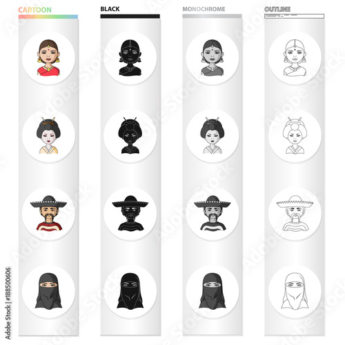 Different race of Indian, Japanese, Mexican, Asian. The human race set collection icons in cartoon black monochrome outline style vector symbol stock illustration web. photo