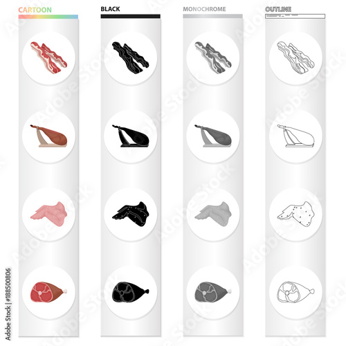 Raw meat: a beak, a hip on a stand, a ham, a chicken wing.Meat set collection icons in cartoon black monochrome outline style vector symbol stock illustration web.