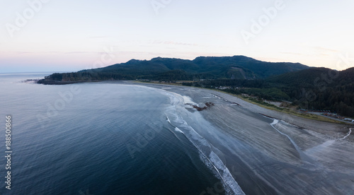 Aerial Panoramic Landscape View of Pacific Ocean Coast in Washington State. Taken during a vibrant sunrise.