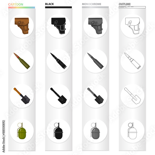 A holster of a pistol, a fighting cartridge, an army shovel, a hand grenade. The military and the army set collection icons in cartoon black monochrome outline style vector symbol stock illustration