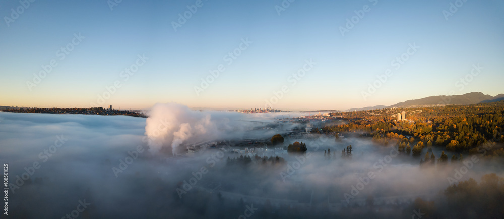 Aerial view above the fog of Horseshoe Bay, West Vancouver, British Columbia, Canada.