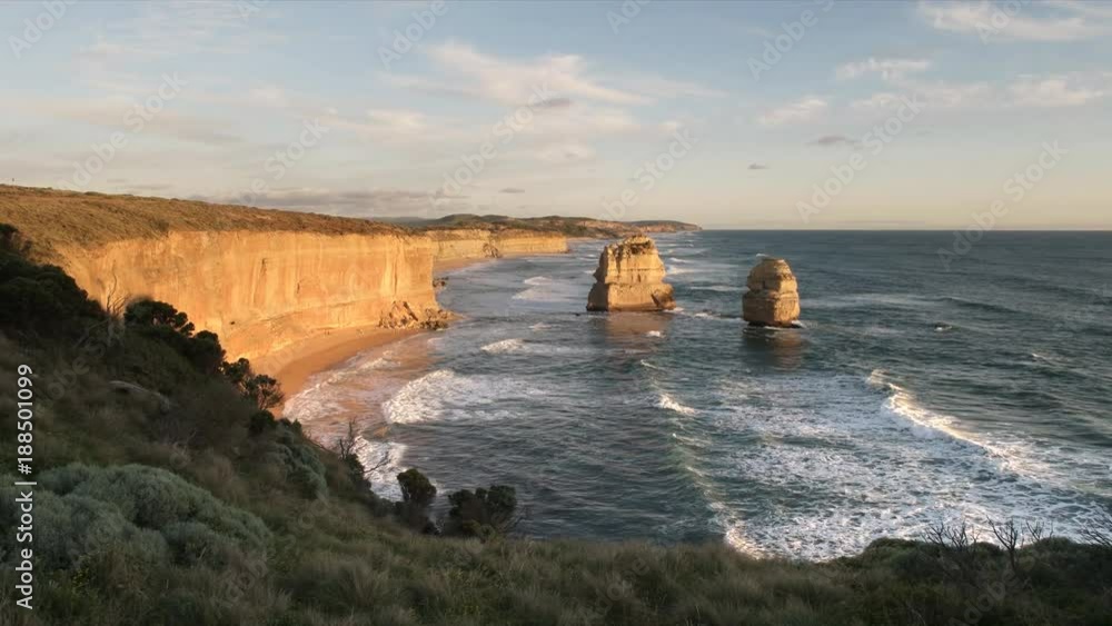 the view at sunset looking east towards melbourne at the twelve apostles on the great ocean road in victoria, australia the view at sunset looking east towards melbourne at the twelve apostles on the great ocean road in victoria, australia