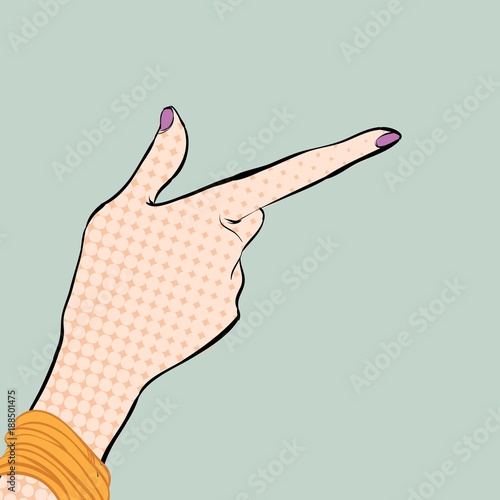 A girl's hand with forefinger. A woman pointing a finger. A woman explaining something. Giving advice.