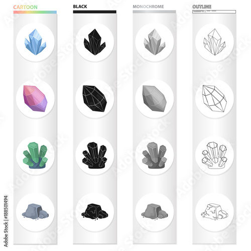 Blue mineral aquamarine, pink amethyst, precious jade, iron ore. Precious mineral set collection icons in cartoon black monochrome outline style vector symbol stock illustration web.