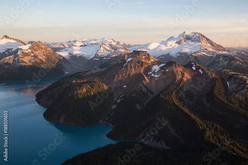 Aerial view of the beautiful Canadian Landscape during a vibrant sunset. Taken Garibaldi Lake, North of Vancouver, British Columbia, Canada.