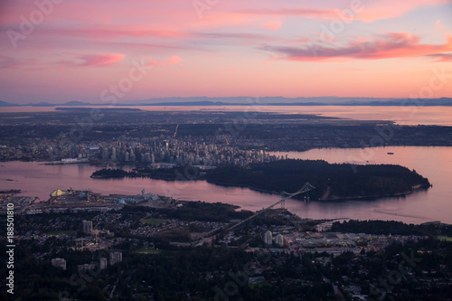 Aerial view of the beautiful city during a vibrant sunset. Taken in Vancouver, British Columbia, Canada.   © edb3_16