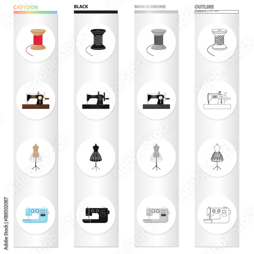 Manual sewing machine, thread reel, dummy on the stand, electric machine. Atelier and sewing set collection icons in cartoon black monochrome outline style vector symbol stock illustration isometric