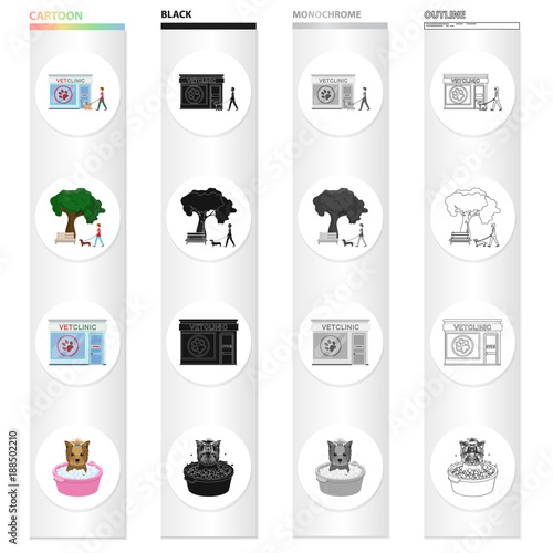 Veterinary clinic, building, and other web icon in cartoon style. Washing, hygiene, hound, icons in set collection.