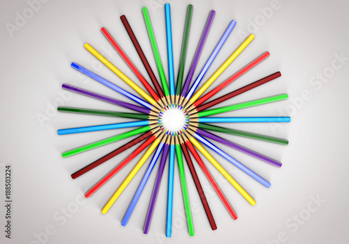 Colored pencils spread out in a circle. All colors of the rainbow.