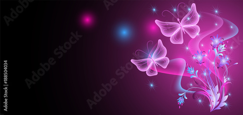 Neon butterfly and flowers