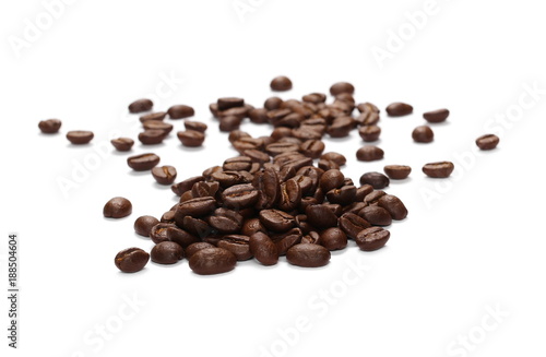 Pile coffee beans isolated on white background and texture, top view 