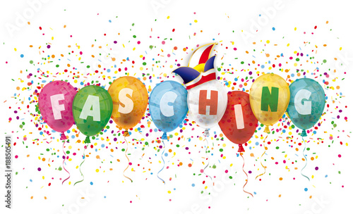 Fasching Header mit Luftballons, Konfetti und Narrenkappe