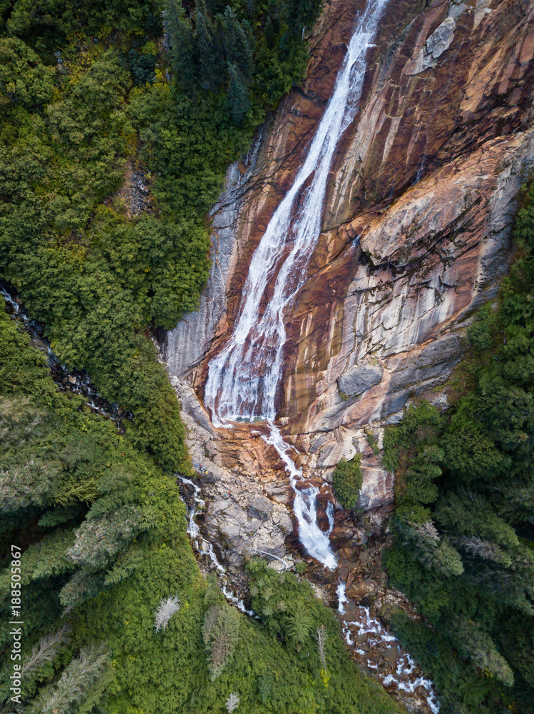 Aerial view from above of a beautiful waterfall, Depot Creek Falls. Taken Northeast of Seattle, Washington, United States of America. 