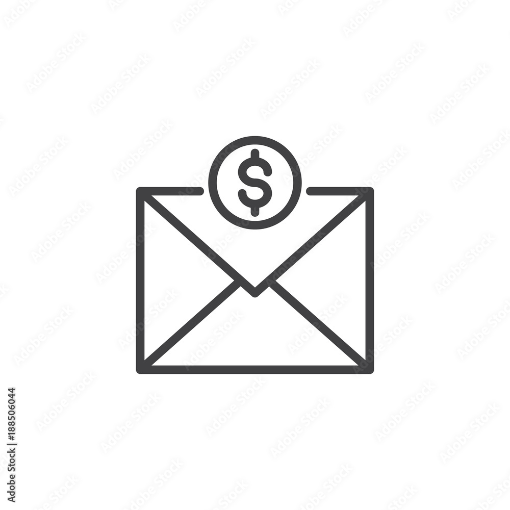 Mail envelope with dollar coins line icon, outline vector sign, linear style pictogram isolated on white. Send money by email symbol, logo illustration. Editable stroke Mail envelope with dollar coins line icon, outline vector sign, linear style pictogram isolated on white. Send money by email symbol, logo illustration. Editable stroke