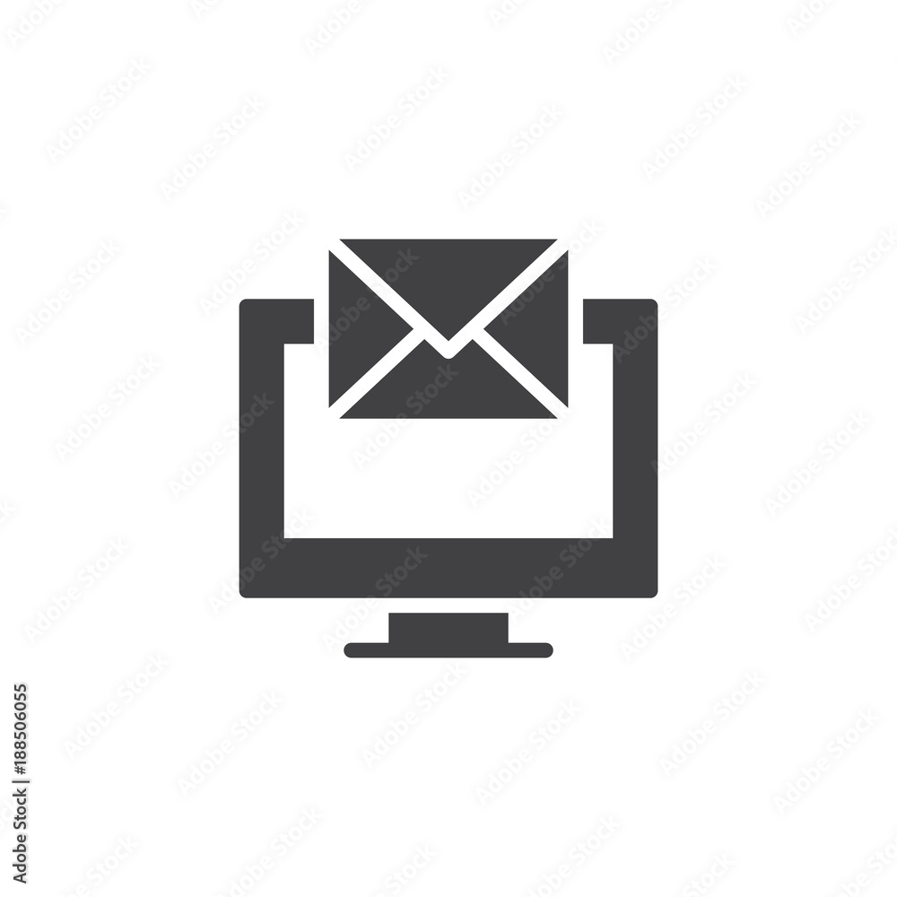 Computer email message icon vector, filled flat sign, solid pictogram isolated on white. Desktop monitor with envelope symbol, logo illustration. Computer email message icon vector, filled flat sign, solid pictogram isolated on white. Desktop monitor with envelope symbol, logo illustration.