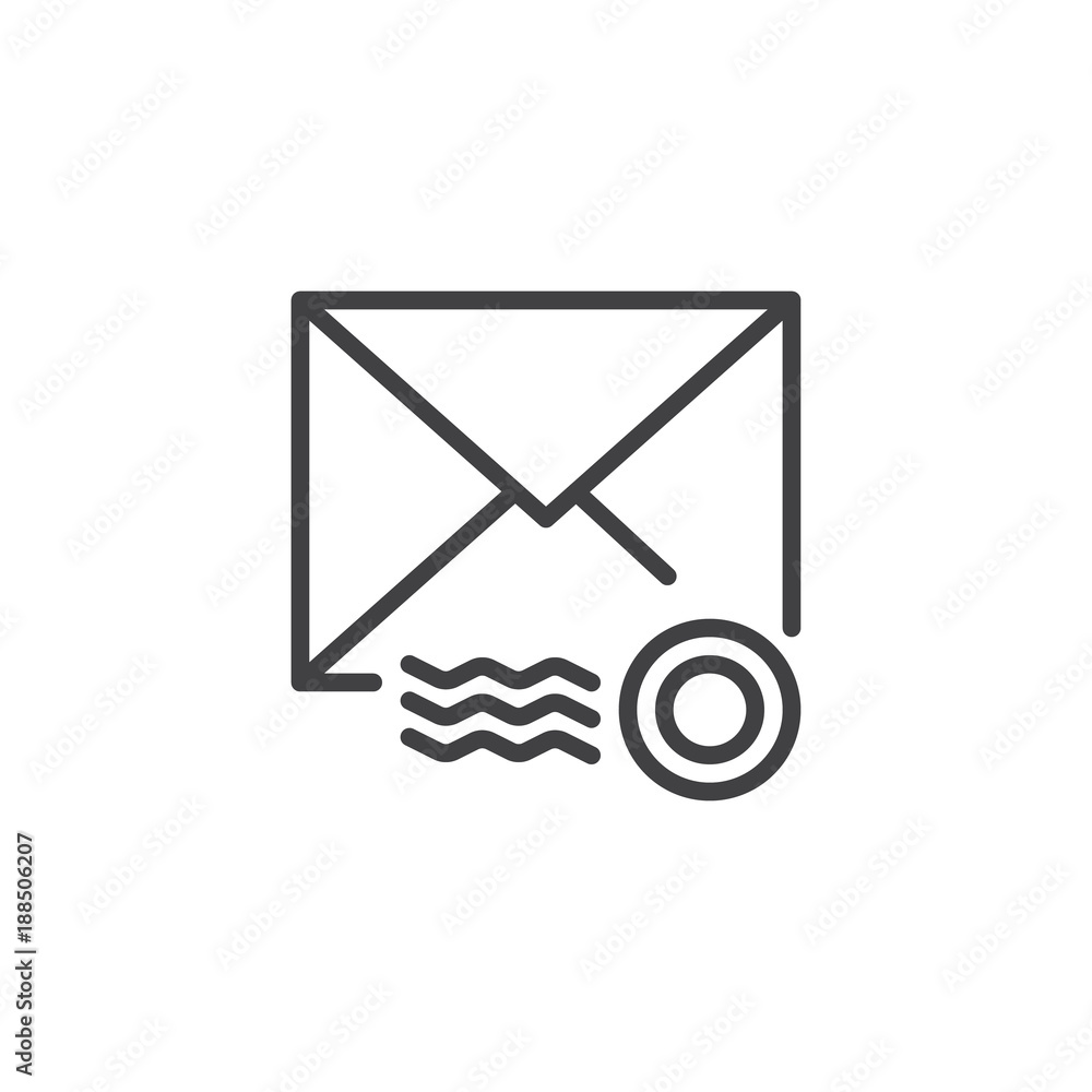 Envelope with post stamp line icon, outline vector sign, linear style pictogram isolated on white. Symbol, logo illustration. Editable stroke Envelope with post stamp line icon, outline vector sign, linear style pictogram isolated on white. Symbol, logo illustration. Editable stroke