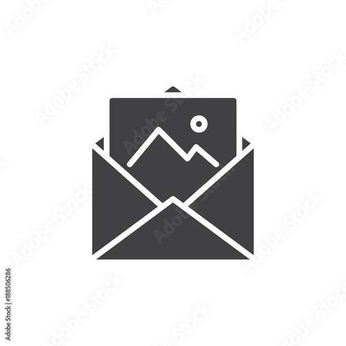 Open envelope with postcard icon vector, filled flat sign, solid pictogram isolated on white. Symbol, logo illustration.