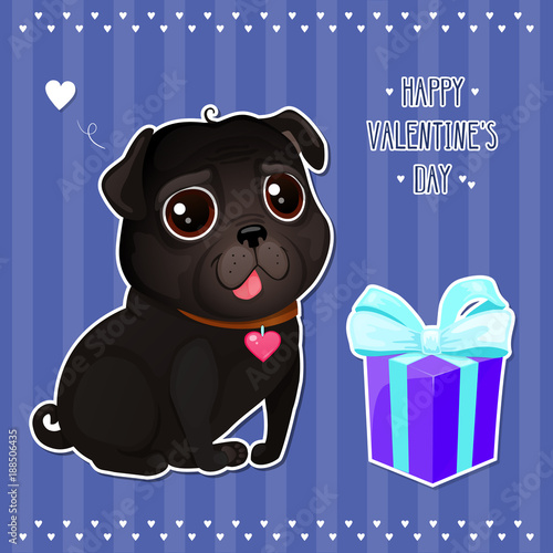 Greeting card for Valentine's Day with a cute black pug and gift in cut out style. Cartoon dog with heart on striped background. Vector illustration for a postcard or a poster.