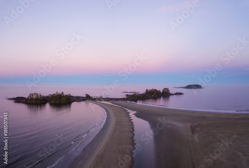 Aerial panoramic seascape view of the Beautiful Beach on Pacific Coast during a vibrant sunny summer sunrise. Taken near Tofino  Vancouver Island  British Columbia  Canada.