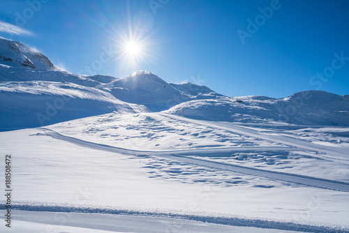 View of Italian Alps in the winter in the Aosta Valley region of northwest Italy. © beataaldridge