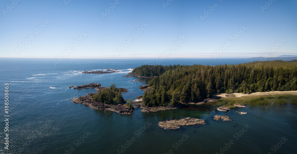 Aerial panoramic view of the beautiful Pacific Ocean Coast during a vibrant sunny summer day. Taken near Tofino, Vancouver Island, British Columbia, Canada. 