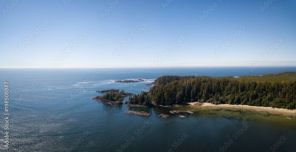 Aerial panoramic view of the beautiful Pacific Ocean Coast during a vibrant sunny summer day. Taken near Tofino, Vancouver Island, British Columbia, Canada.
