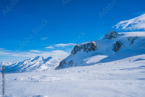 View of Italian Alps in the winter in the Aosta Valley region of northwest Italy. 