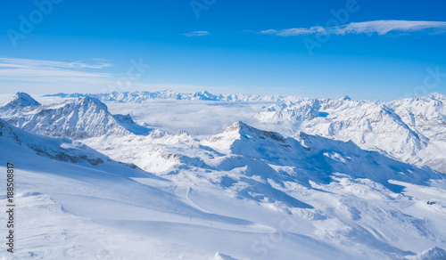 View of Italian Alps in the winter in the Aosta Valley region of northwest Italy.  © beataaldridge