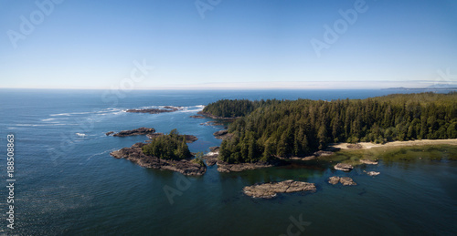 Aerial panoramic view of the beautiful Pacific Ocean Coast during a vibrant sunny summer day. Taken near Tofino, Vancouver Island, British Columbia, Canada. © edb3_16