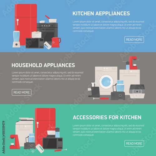 Collection of horizontal banners with household and kitchen appliances, accessories, utensils, electronic and manual tools and place for text. Modern colorful vector illustration in flat style.