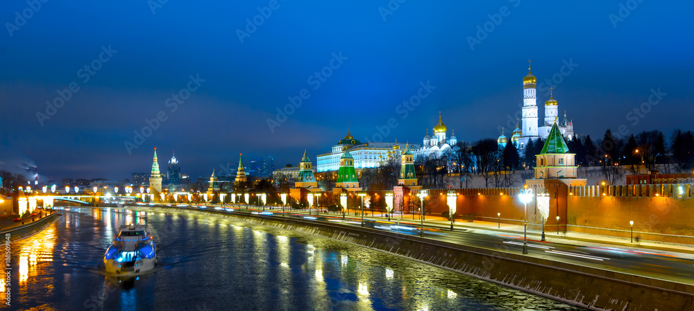 Moscow Kremlin and Moskva river embankment night view