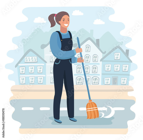 Cartoon character, Girl holding a broom.