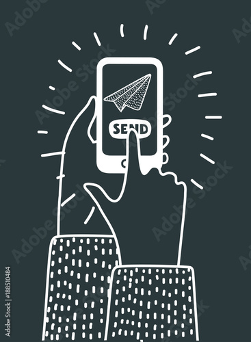 Sending messages, SMS, email from mobile phone. Smartphone icon. Hand holds telephone. Flat style. Vector illustration