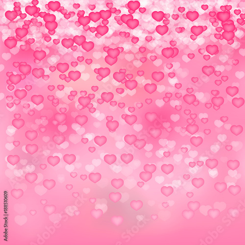 Soft pink hearts confetti background. Valentine’s day shiny greeting card. Romantic vector illustration. Easy to edit design template.