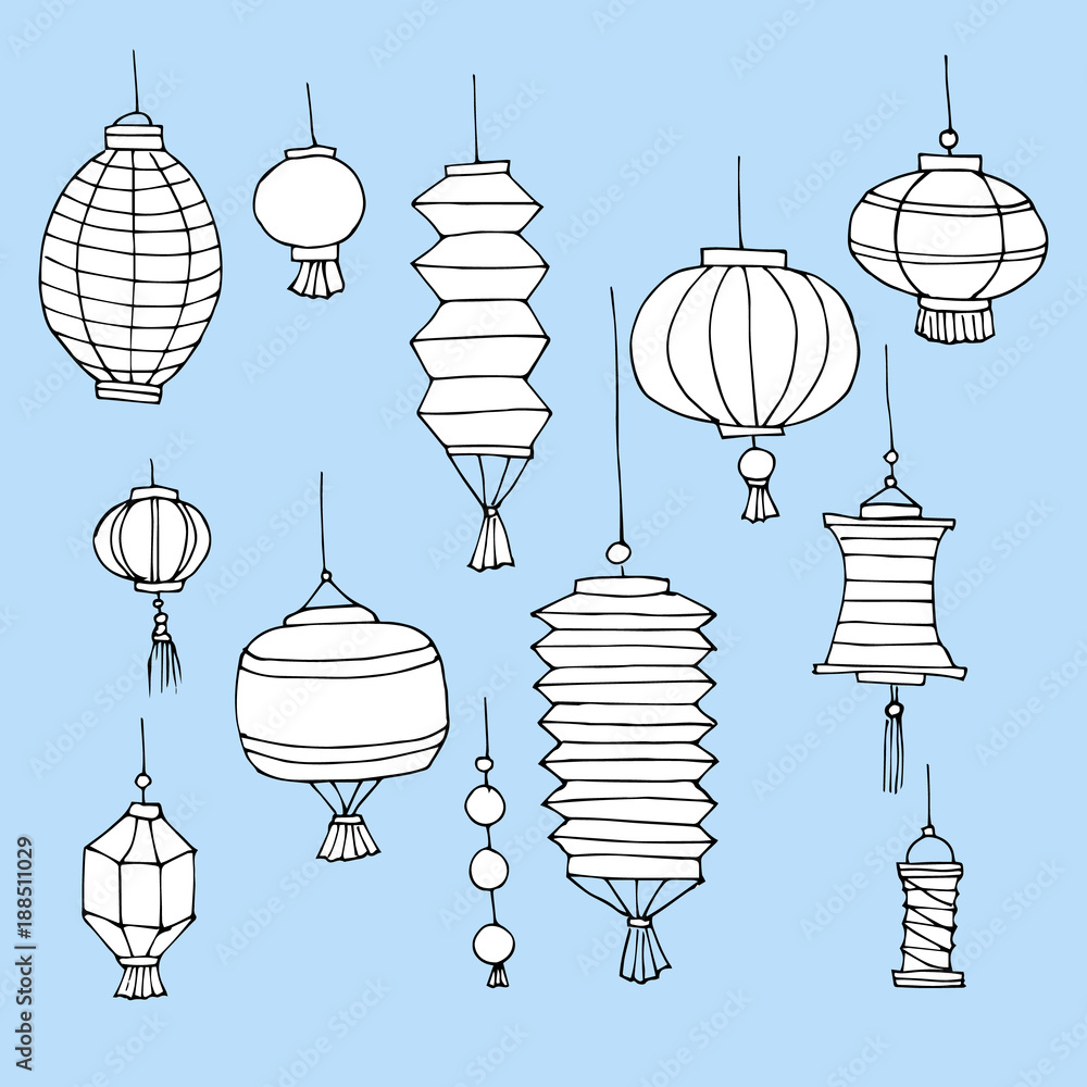 Naklejka premium Set of Chinese paper street hand drawn lanterns. Chinese New Year decorative cartoon elements. Traditional asian festival decorations. Vector illustration. Sketch doodle lanterns. Paper lights