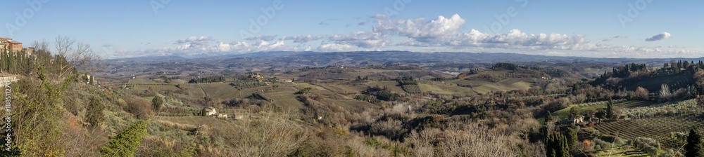 Panoramic view of the Tuscan countryside of San Gimignano, Siena, Tuscany, Italy