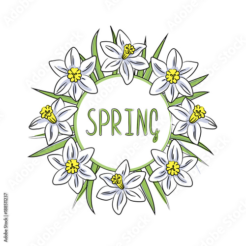 Fototapeta Naklejka Na Ścianę i Meble -  vector white narcissus circle frame pattern