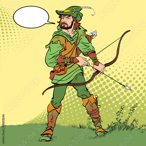 Robin Hood standing with bow and arrows. Robin Hood in ambush. Defender of weak. Medieval legends. Heroes of medieval legends. Halftone background.